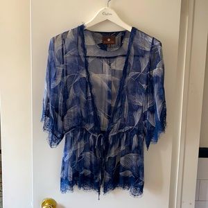 Sheer Blue Lace-Trim Tie-Front Top by Johnny Was